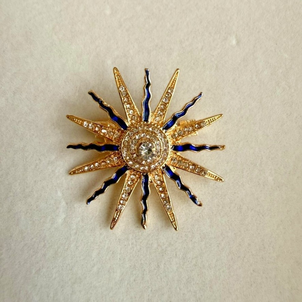 Celestial Sunburst Brooch Gold Tone Blue Enamel Rhinestone Jeweled Statement Pin